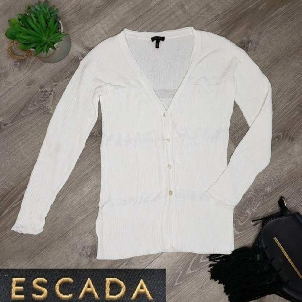 Escada Womens White Cardigan Sweater S V-Neck Long Sleeve Button Front